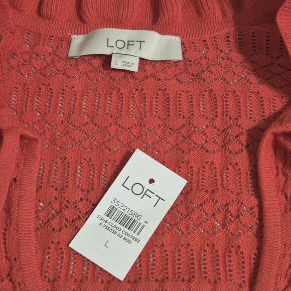 Loft Eyelit Ruffle Collar Blouse Women Large Coral S/S Sweater Open Knit VNeck - Picture 7 of 7